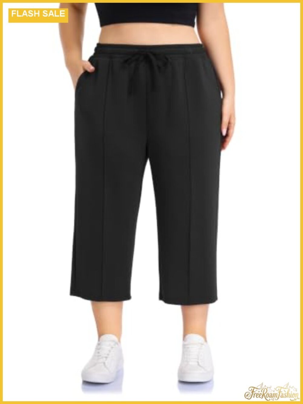 Plus Size Capri Pants Elastic Drawstring Waist Cropped Loungewear with Pockets